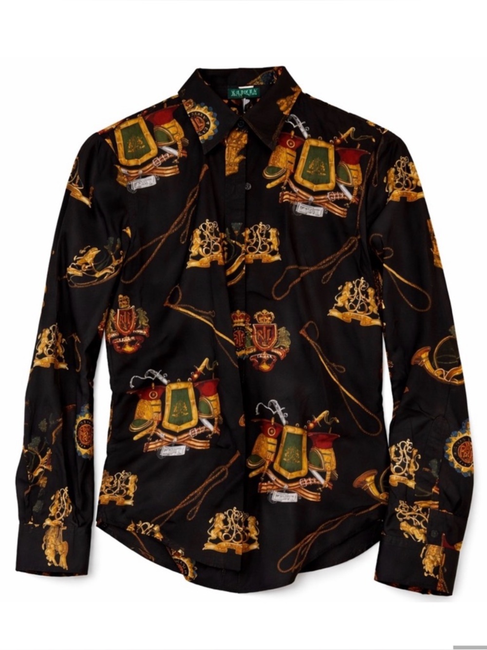 Lauren Ralph Lauren Black Button-Down Shirt with Gold and Green Crest Motif